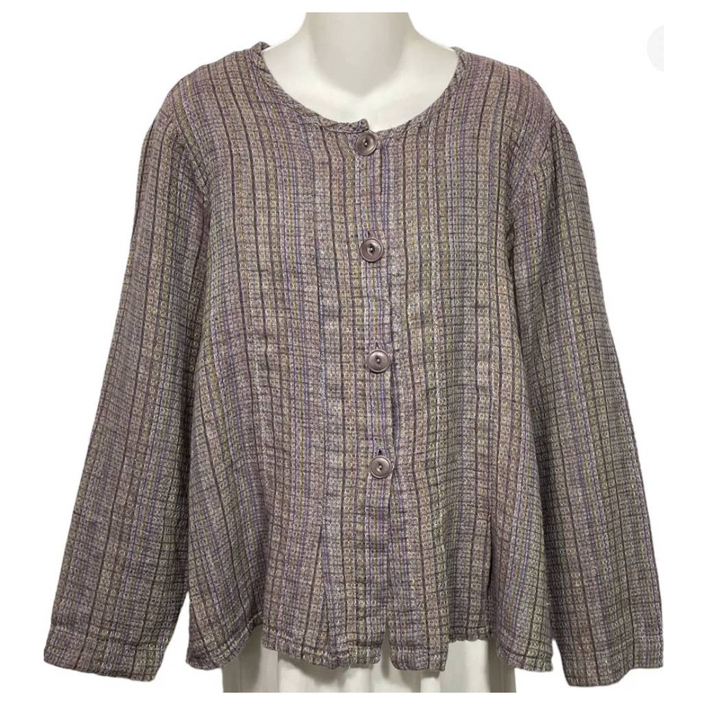 FLAX Women's Purple Linen Shapely Lagenlook Button Up Tunic Top Size Small